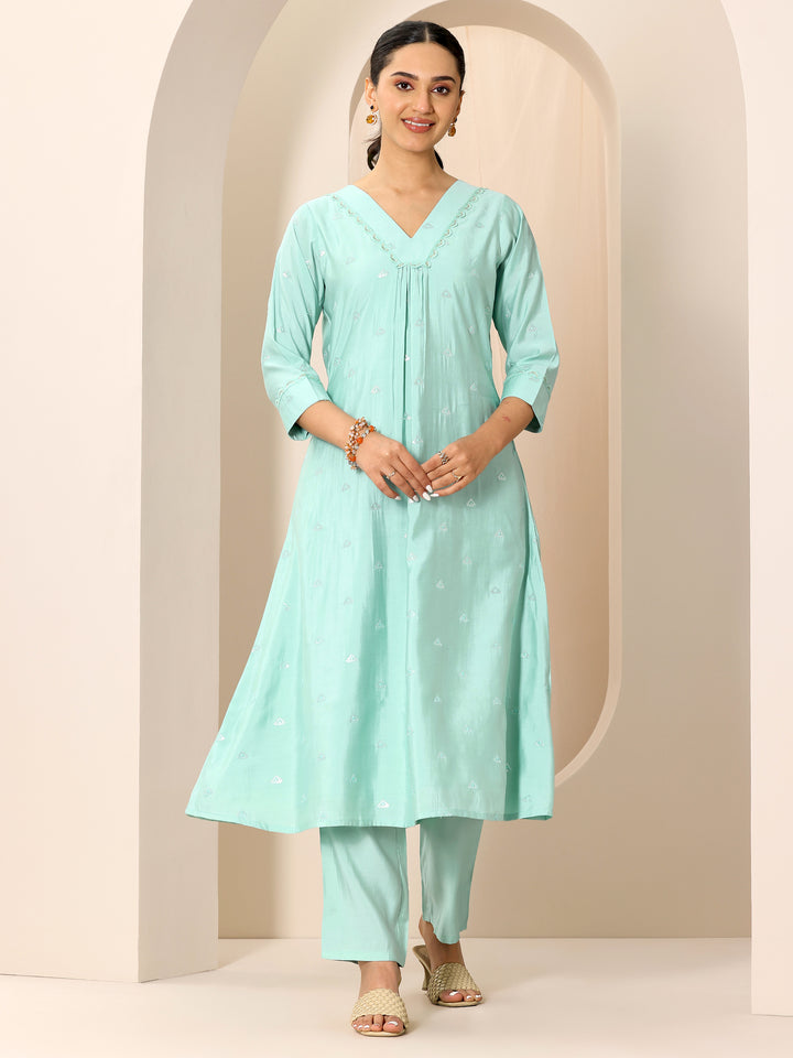 Blue Embroidered Silk Blend A-Line Kurta Set