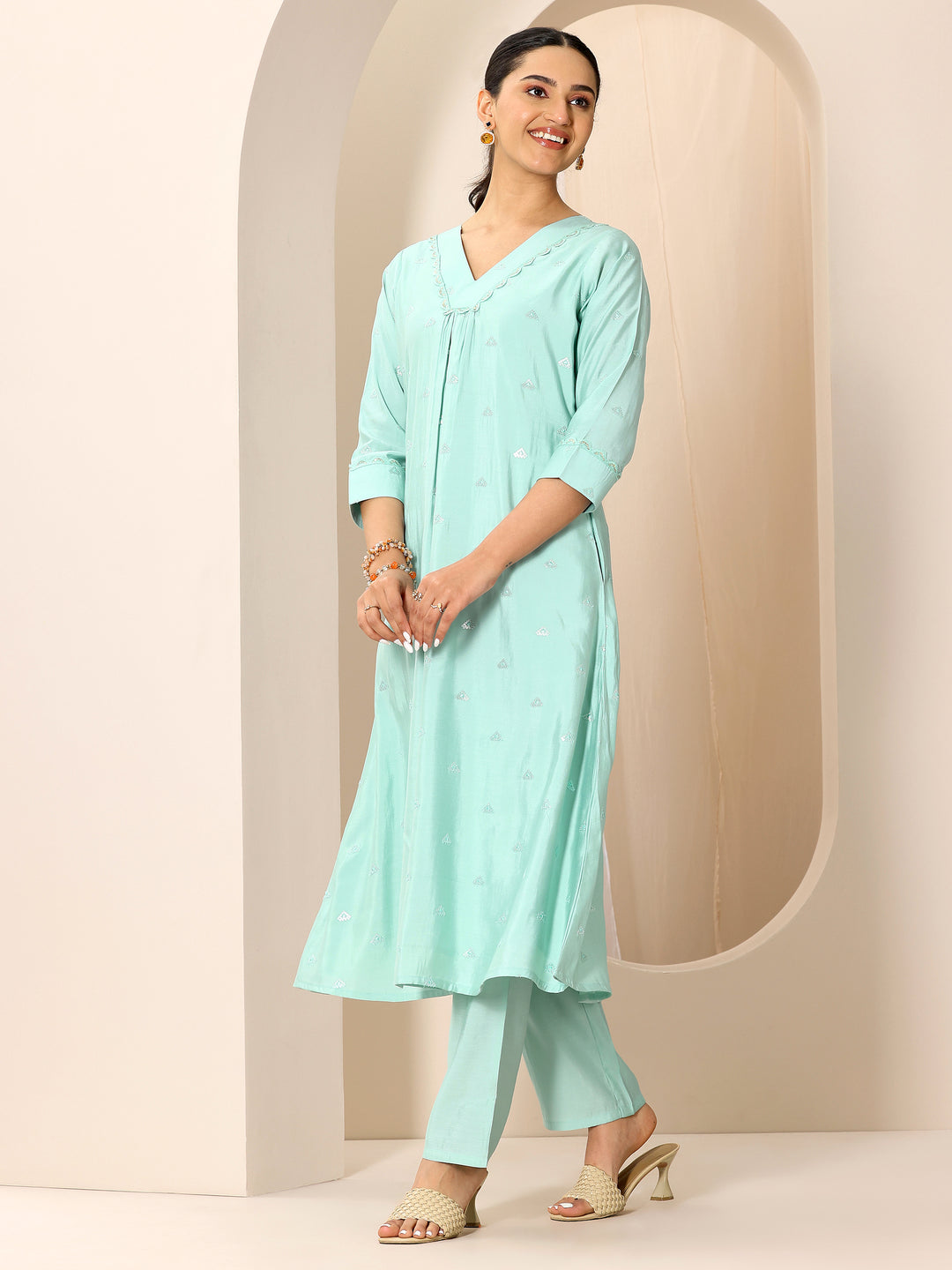 Blue Embroidered Silk Blend A-Line Kurta Set