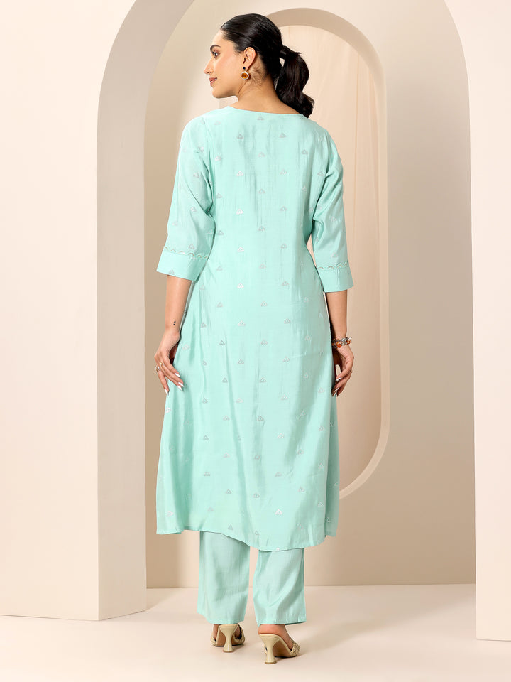 Blue Embroidered Silk Blend A-Line Kurta Set