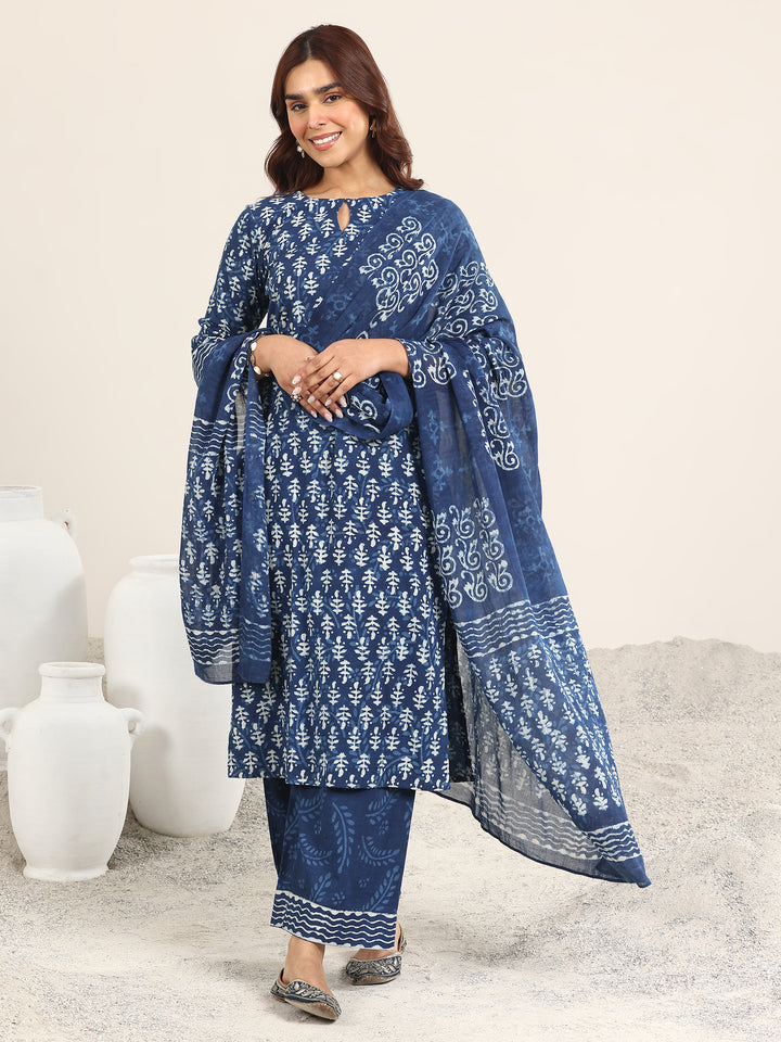 Indigo Printed Cotton Straight Suit With Dupatta