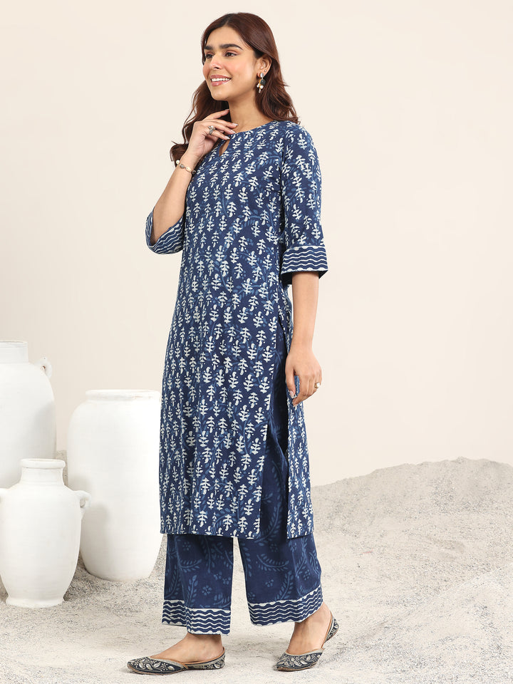 Indigo Printed Cotton Straight Suit With Dupatta
