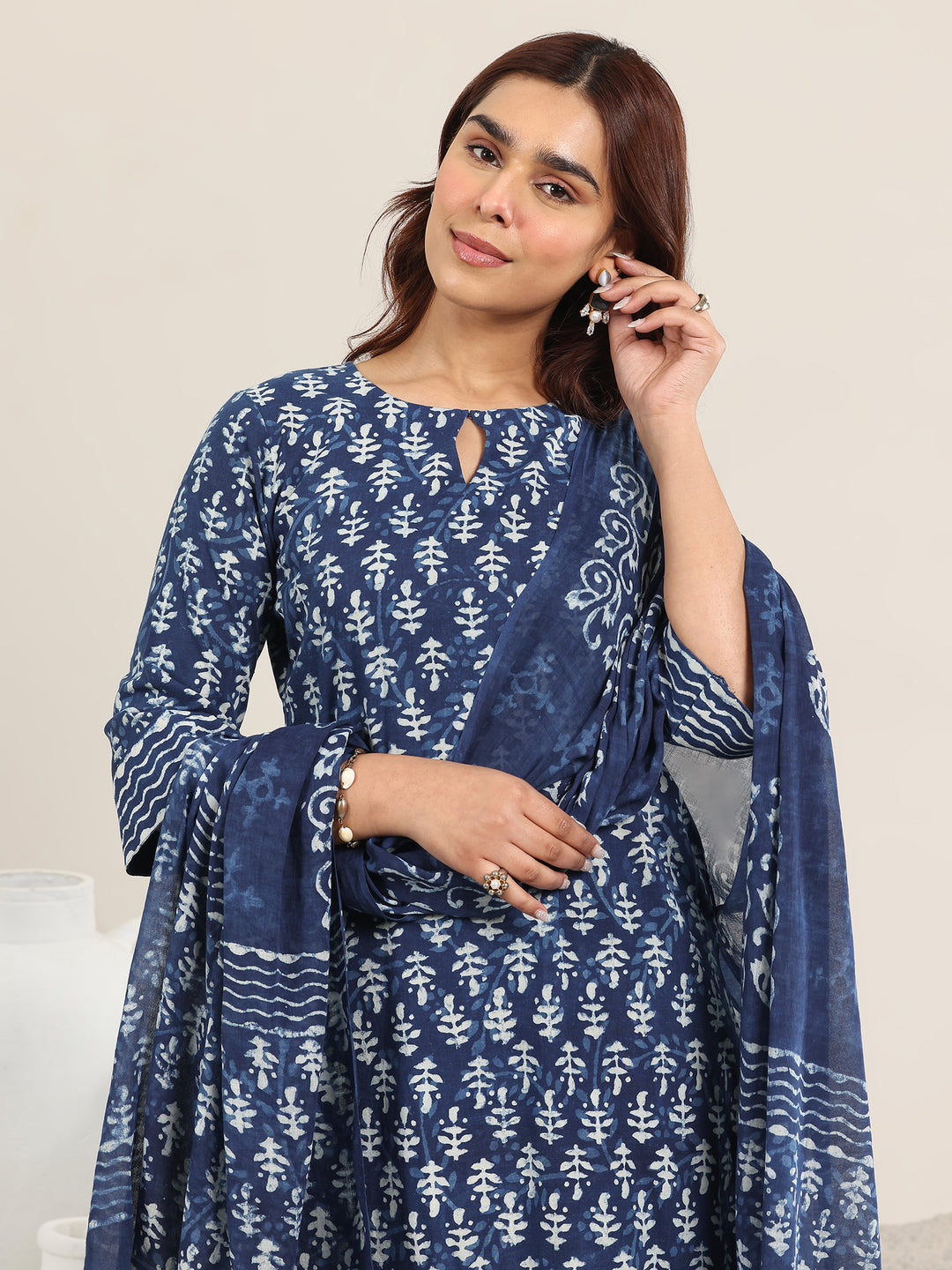Indigo Printed Cotton Straight Suit With Dupatta