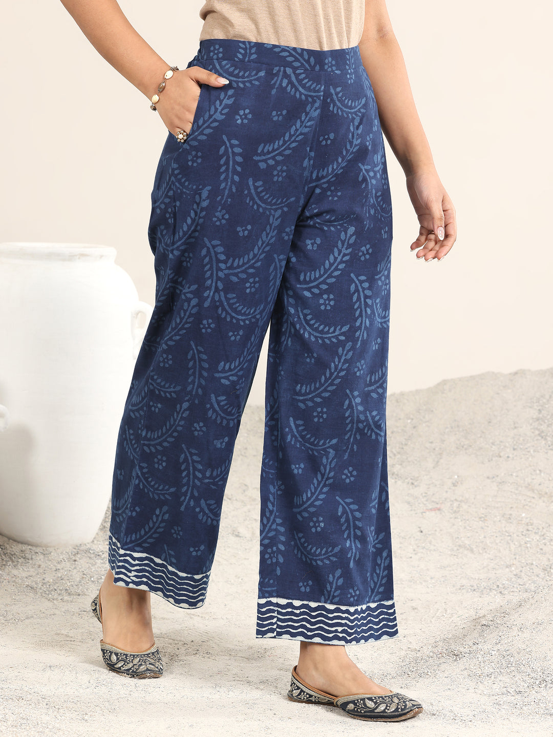 Indigo Printed Cotton Straight Suit With Dupatta