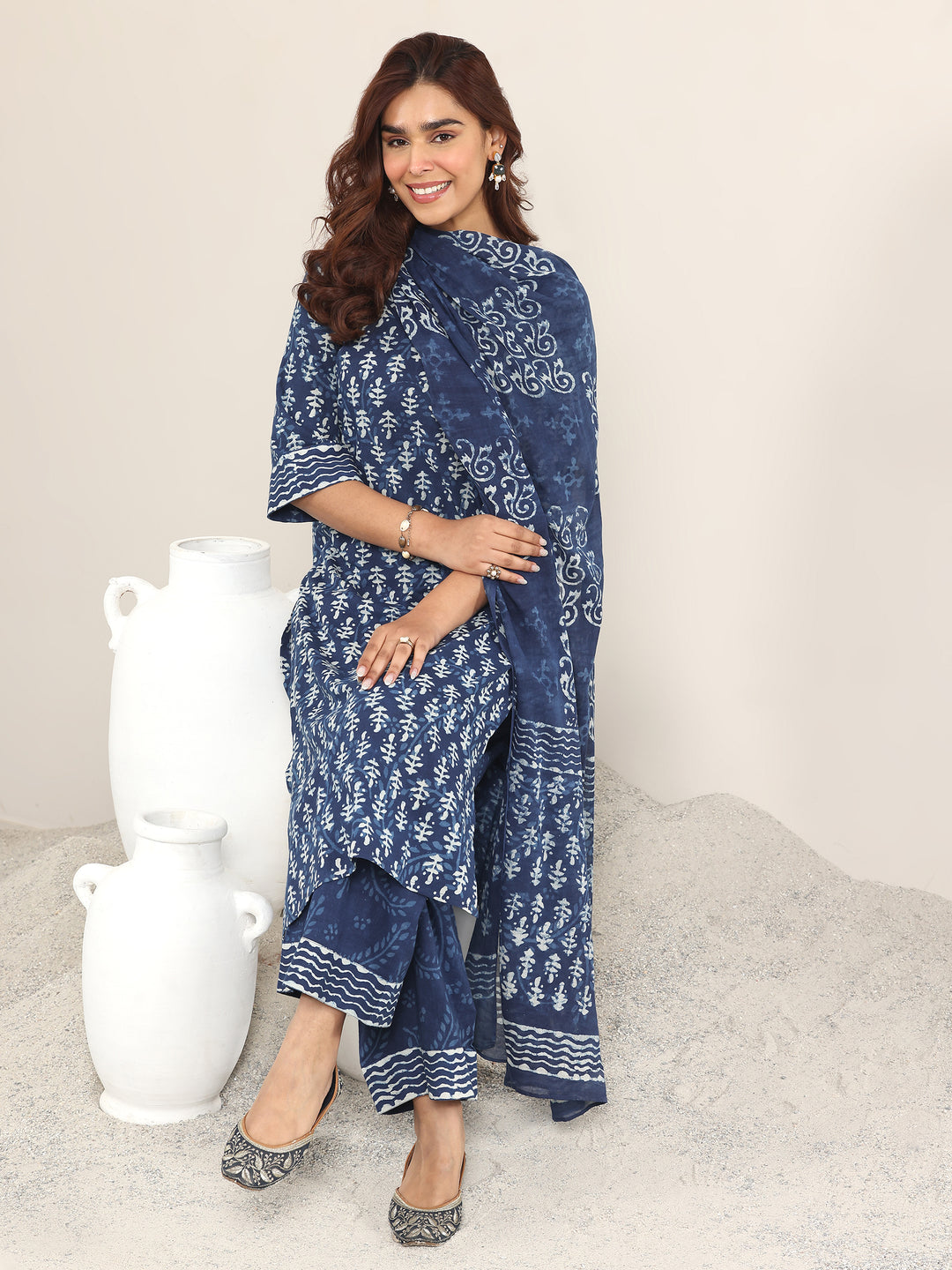 Indigo Printed Cotton Straight Suit With Dupatta