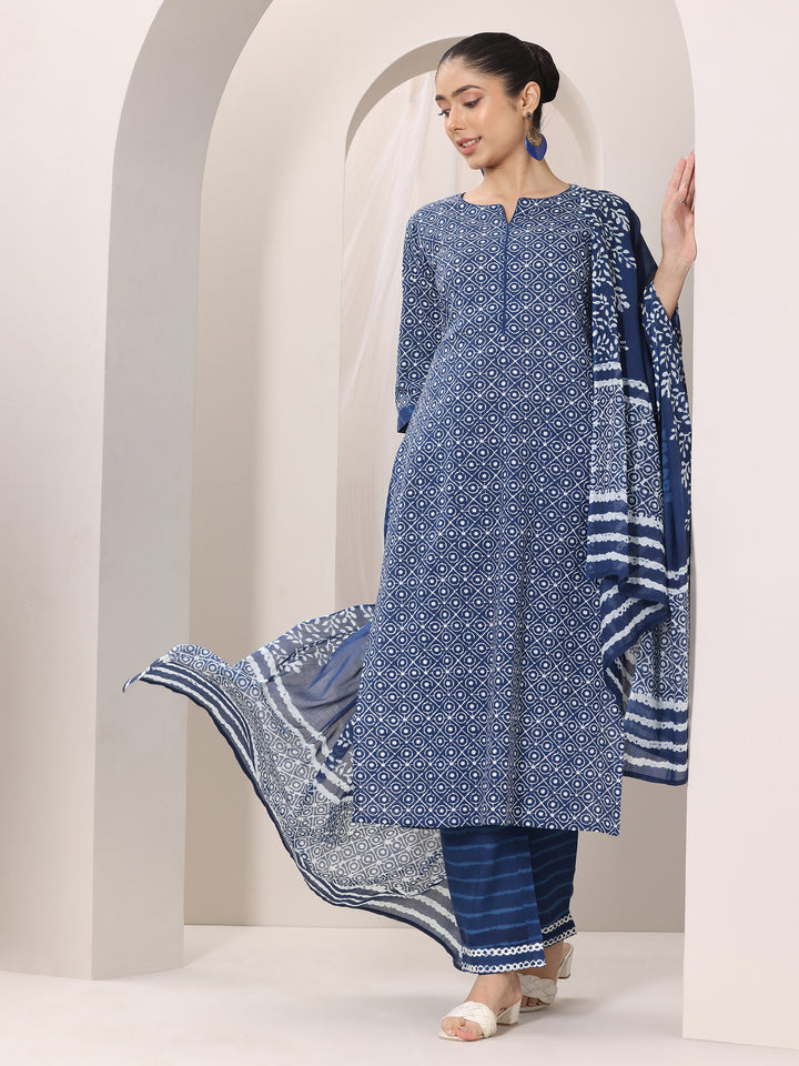 Indigo Printed Cotton Straight Suit Set With Dupatta