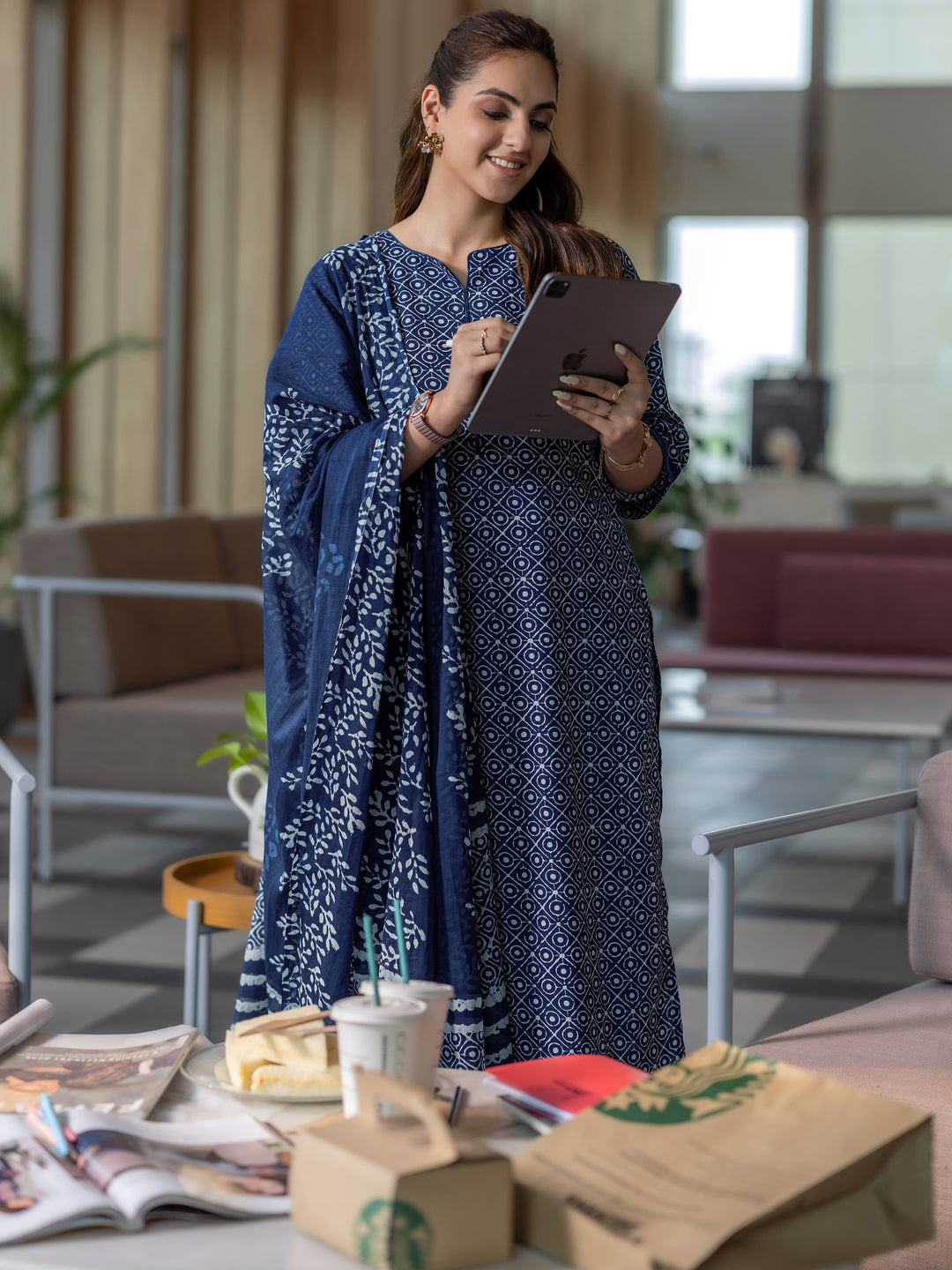 Indigo Printed Cotton Straight Suit Set With Dupatta