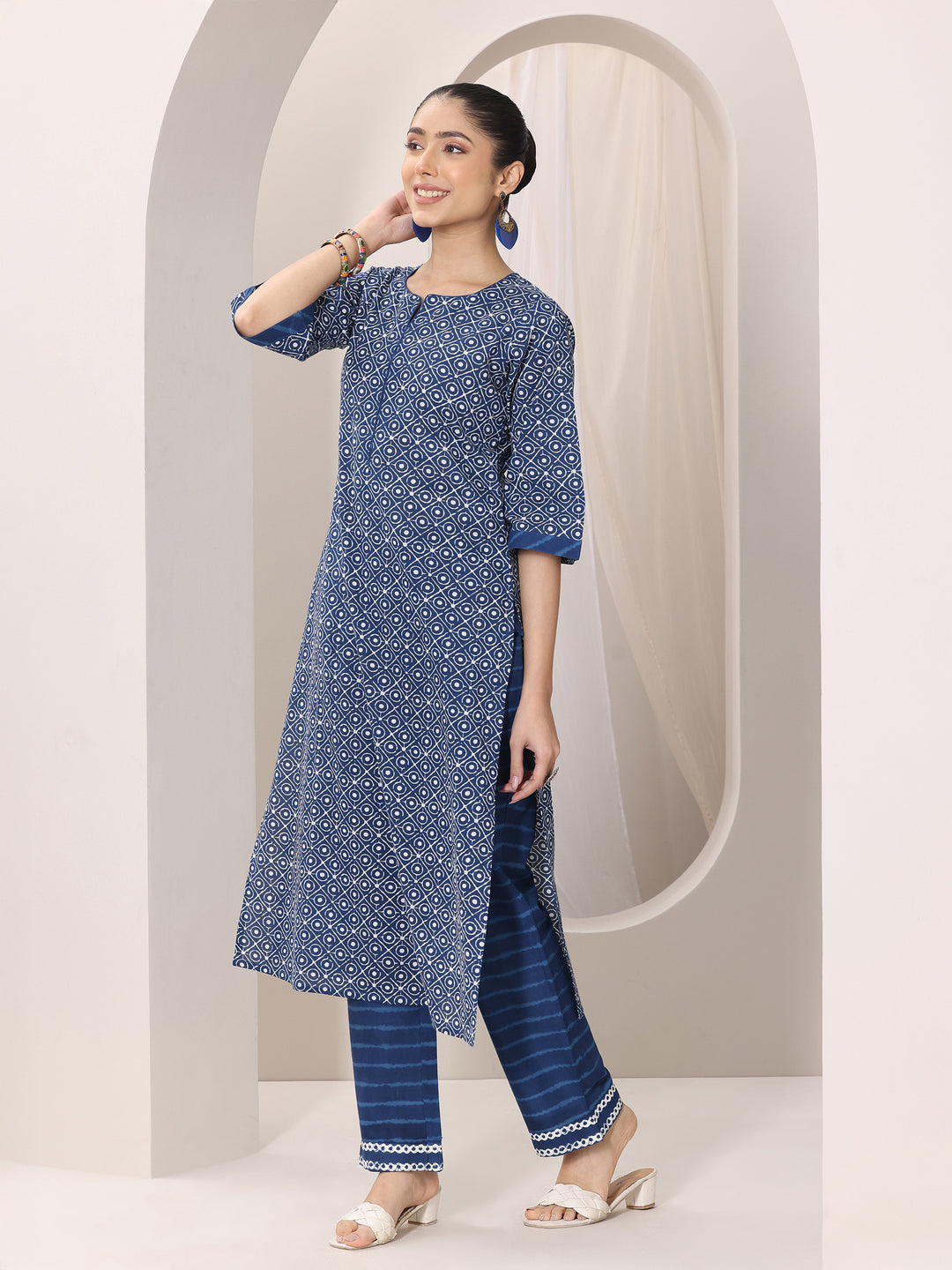 Indigo Printed Cotton Straight Suit Set With Dupatta
