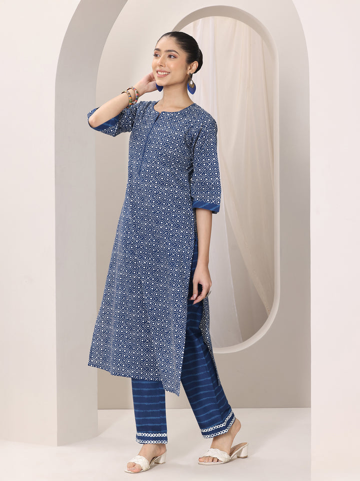 Indigo Printed Cotton Straight Suit Set With Dupatta