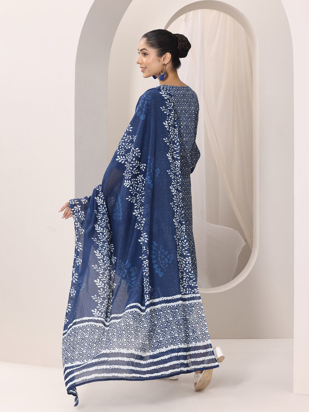 Indigo Printed Cotton Straight Suit Set With Dupatta