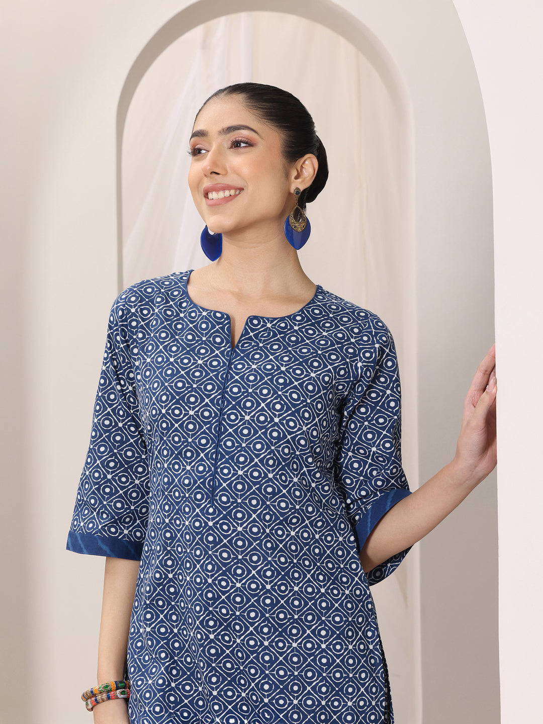 Indigo Printed Cotton Straight Suit Set With Dupatta