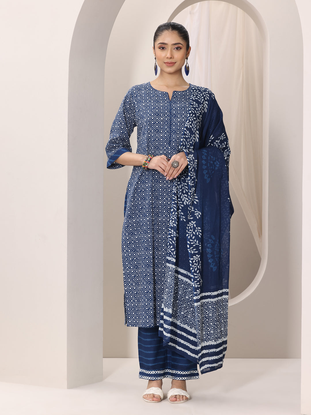 Indigo Printed Cotton Straight Suit Set With Dupatta