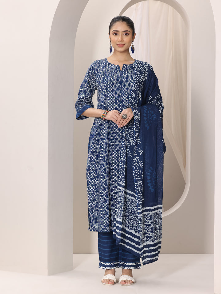 Indigo Printed Cotton Straight Suit Set With Dupatta