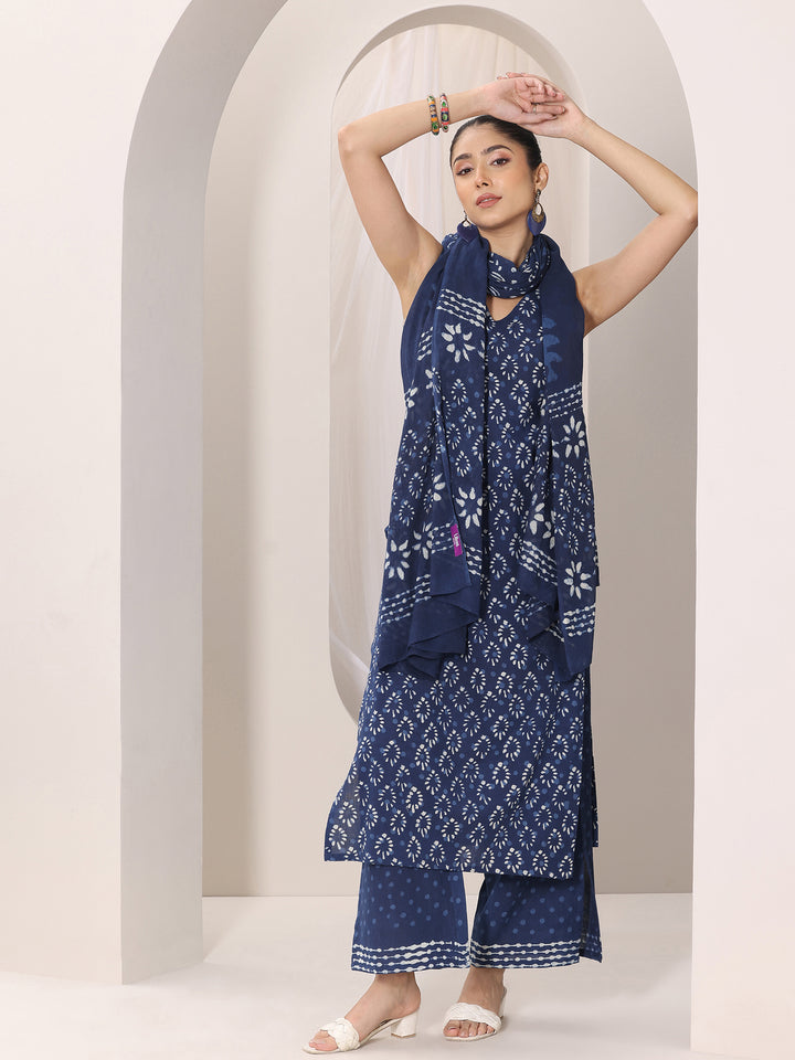 Indigo Printed Cotton Straight Suit Set With Dupatta