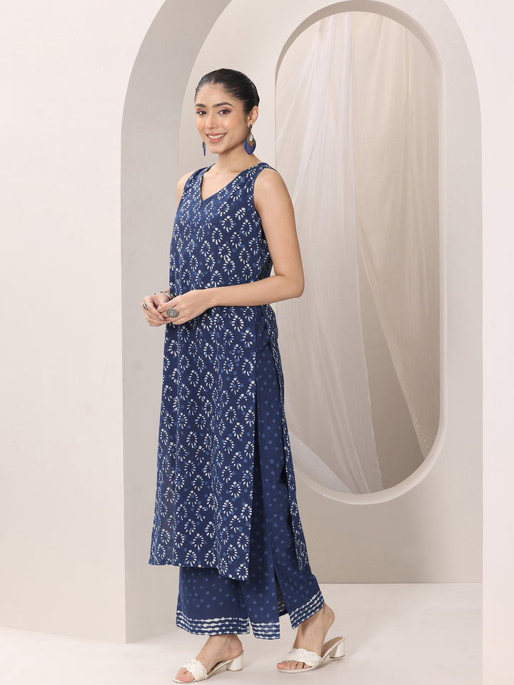 Indigo Printed Cotton Straight Suit Set With Dupatta