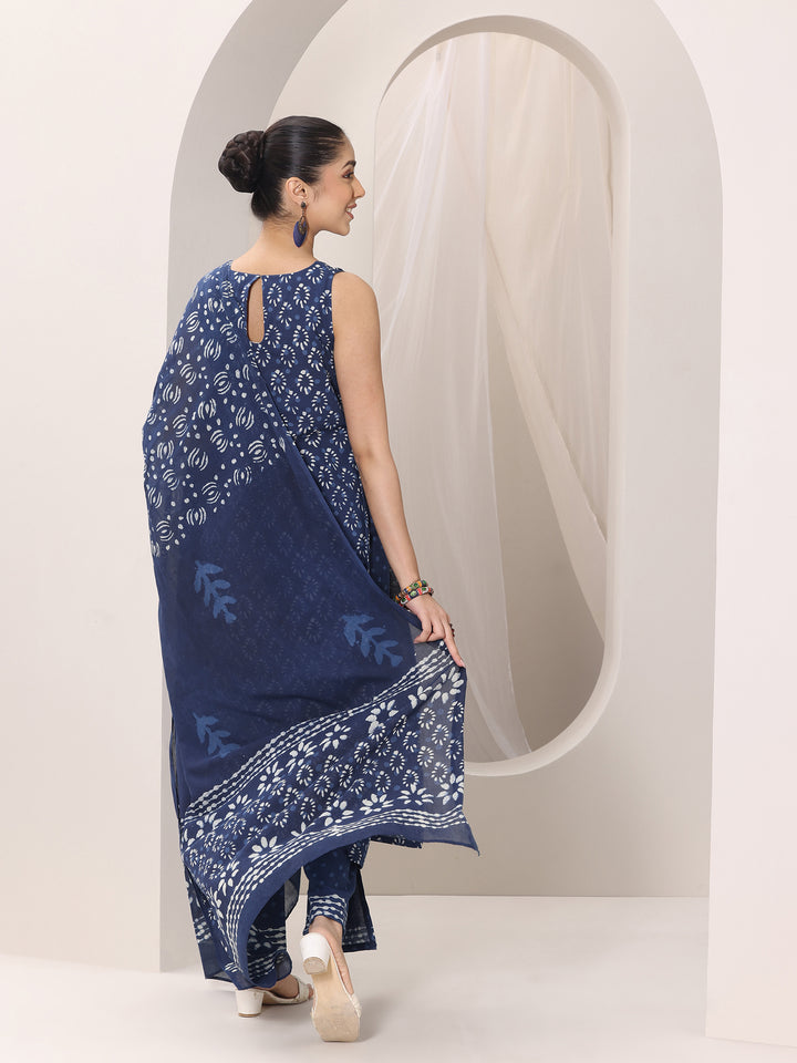 Indigo Printed Cotton Straight Suit Set With Dupatta