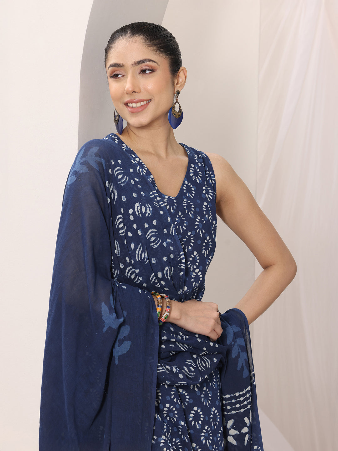 Indigo Printed Cotton Straight Suit Set With Dupatta