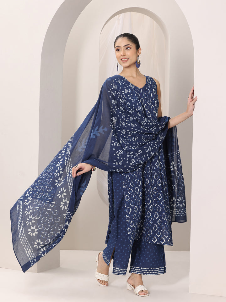 Indigo Printed Cotton Straight Suit Set With Dupatta