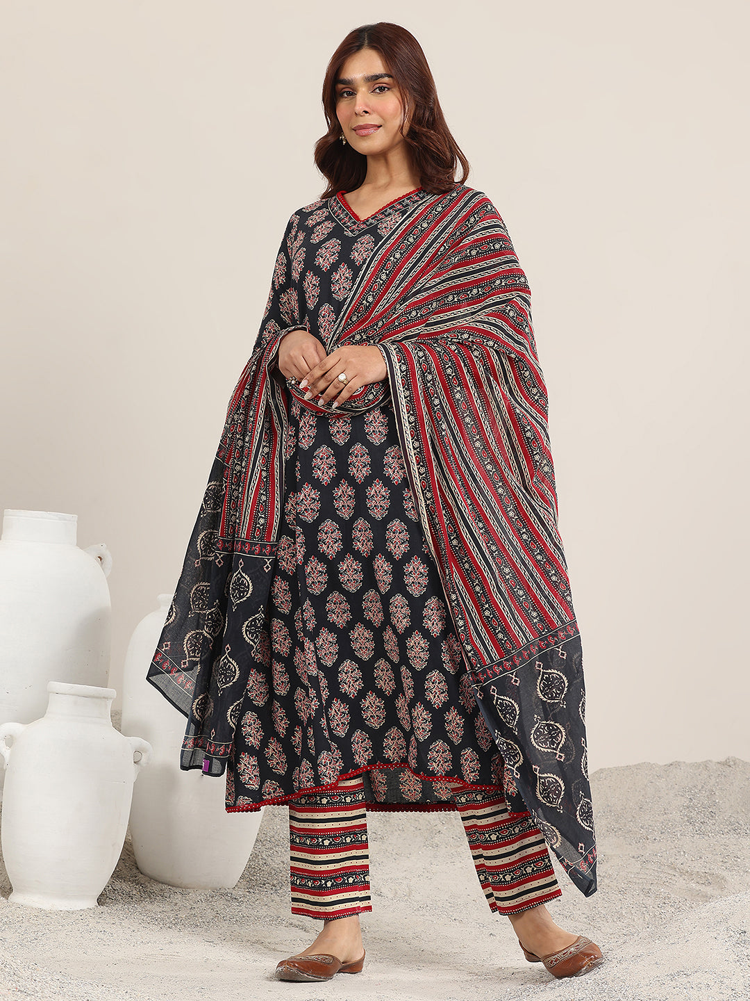 Navy Blue Printed Cotton A-Line Suit With Dupatta