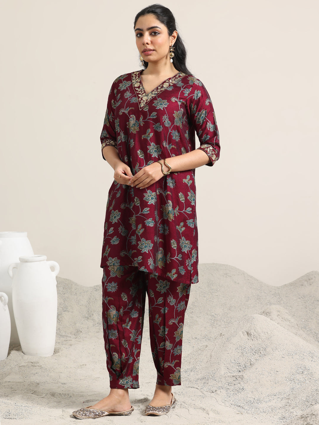 Maroon Printed Silk Blend Straight Suit With Dupatta