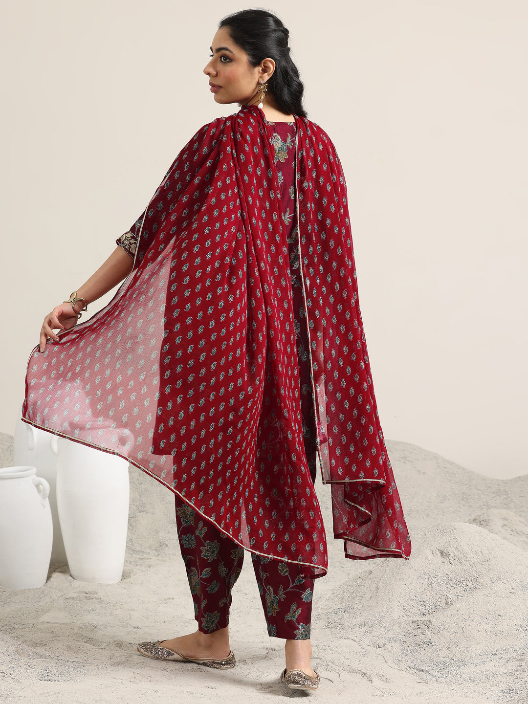 Maroon Printed Silk Blend Straight Suit With Dupatta