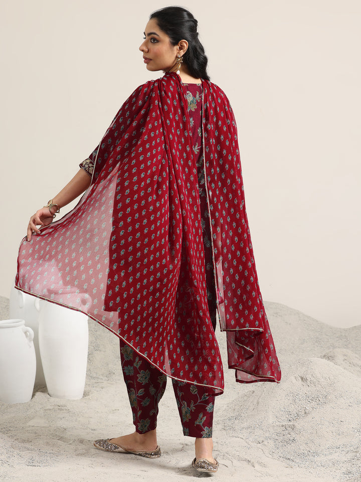 Maroon Printed Silk Blend Straight Suit With Dupatta