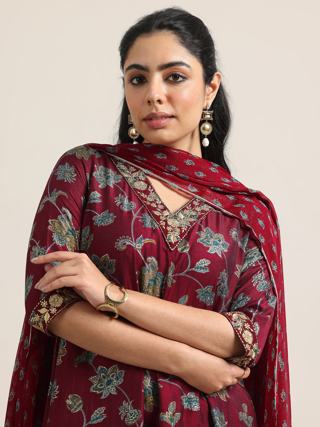 Maroon Printed Silk Blend Straight Suit With Dupatta