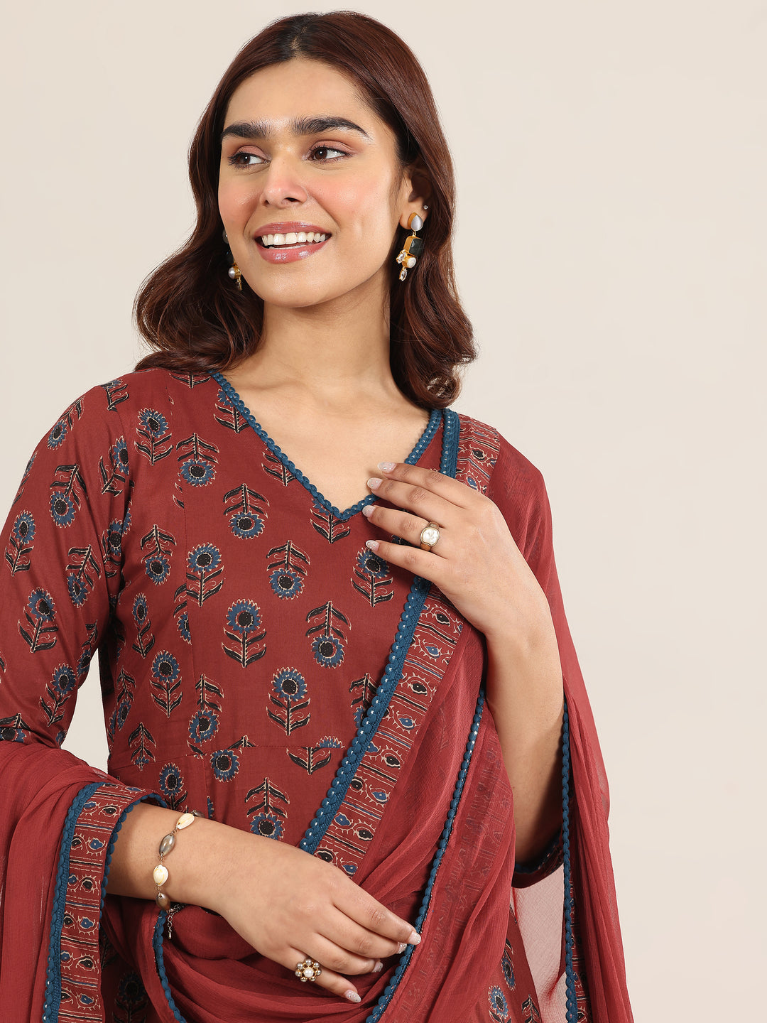 Maroon Printed Cotton A-Line Suit With Dupatta