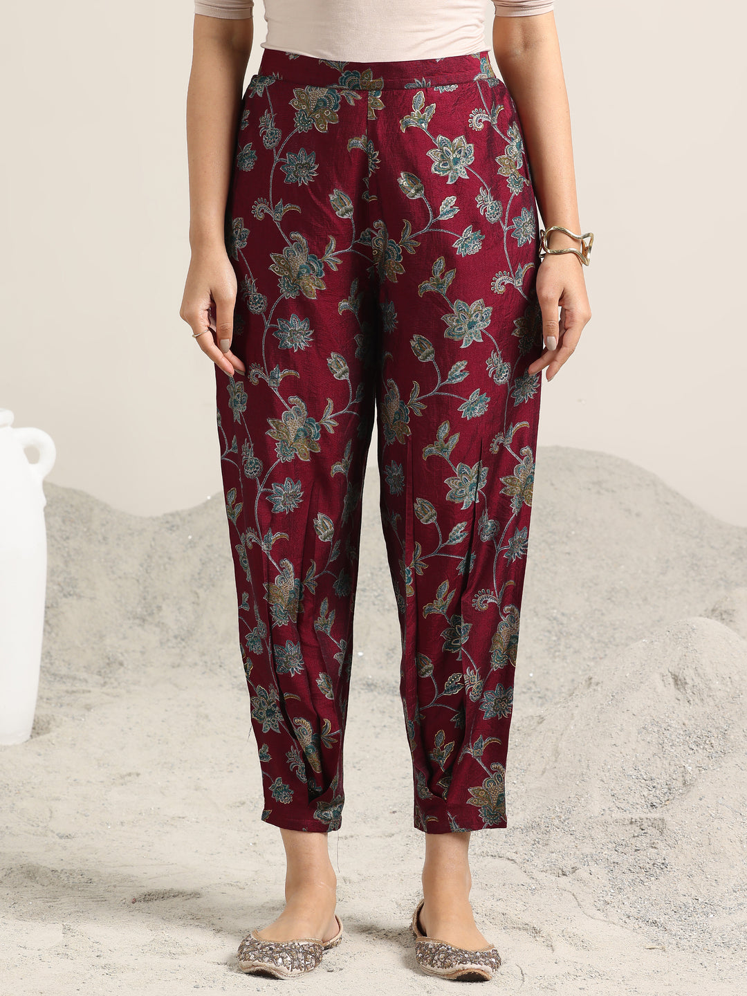 Maroon Printed Silk Blend Straight Suit With Dupatta