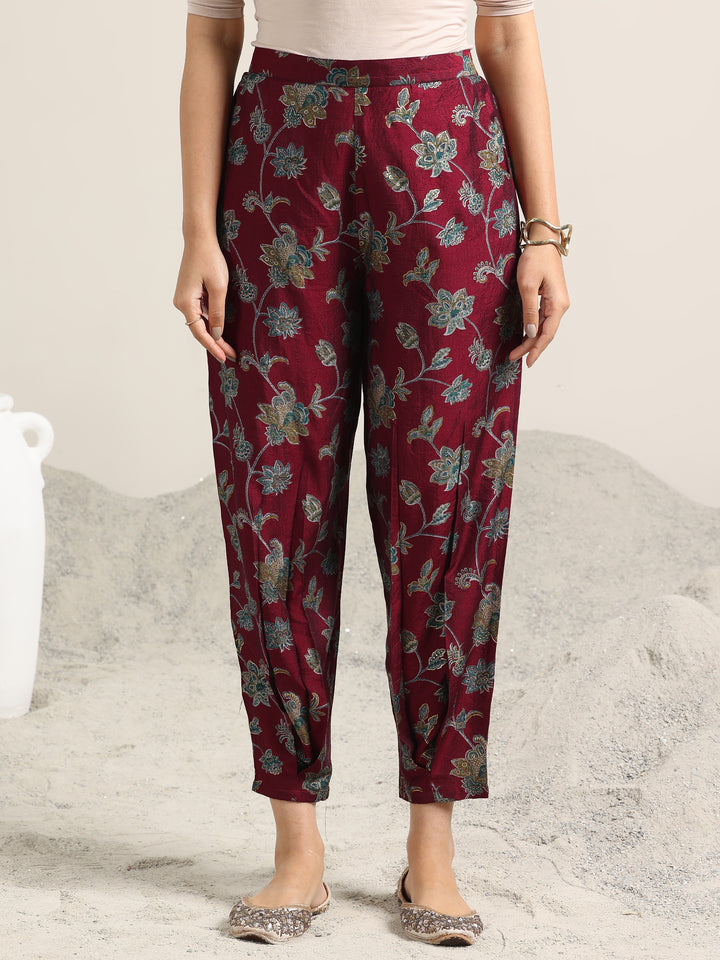 Maroon Printed Silk Blend Straight Suit With Dupatta
