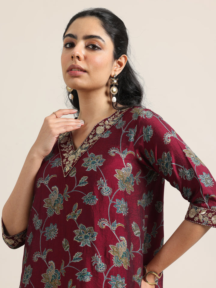 Maroon Printed Silk Blend Straight Suit With Dupatta