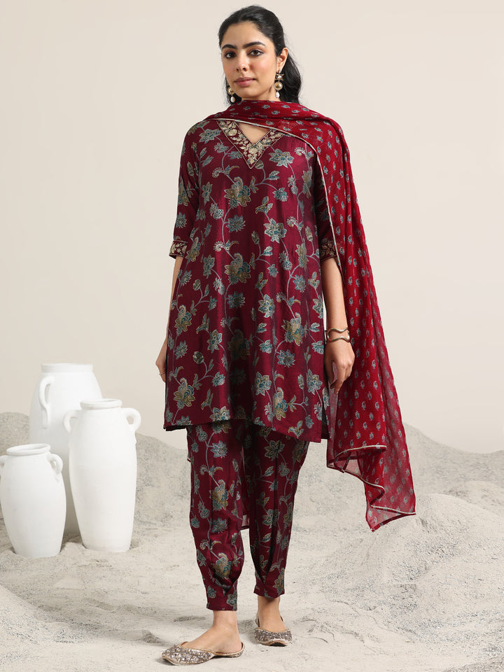 Maroon Printed Silk Blend Straight Suit With Dupatta