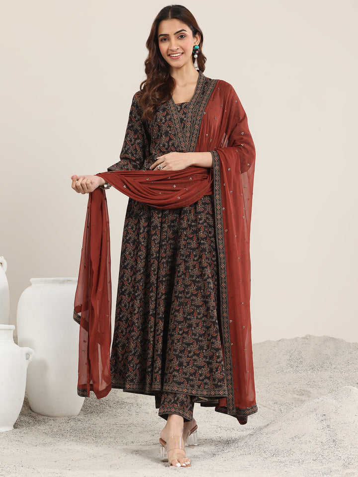 Black Printed Cotton Anarkali Suit With Dupatta