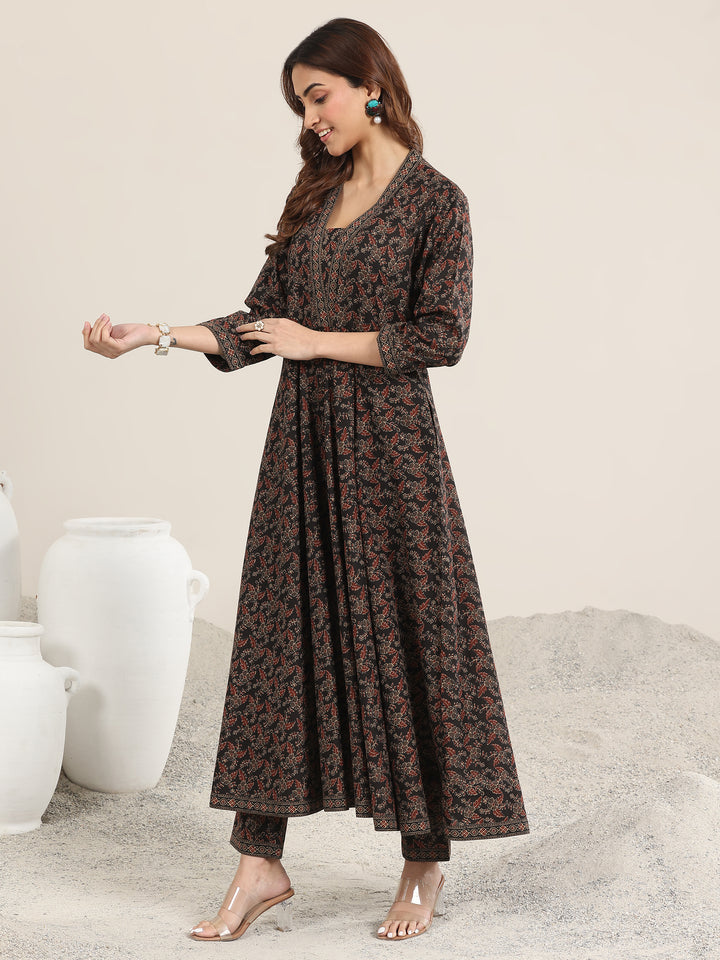 Black Printed Cotton Anarkali Suit With Dupatta