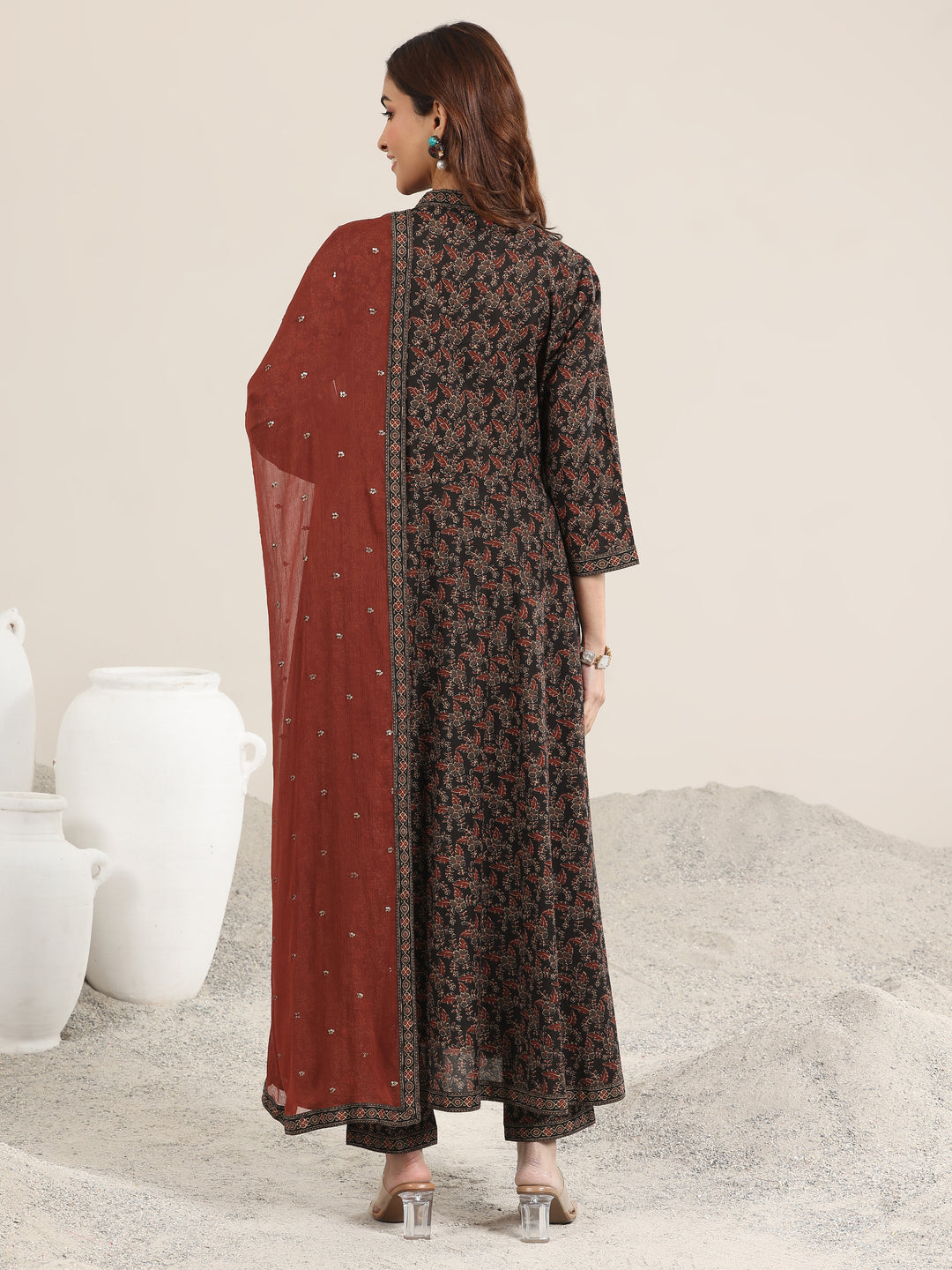 Black Printed Cotton Anarkali Suit With Dupatta