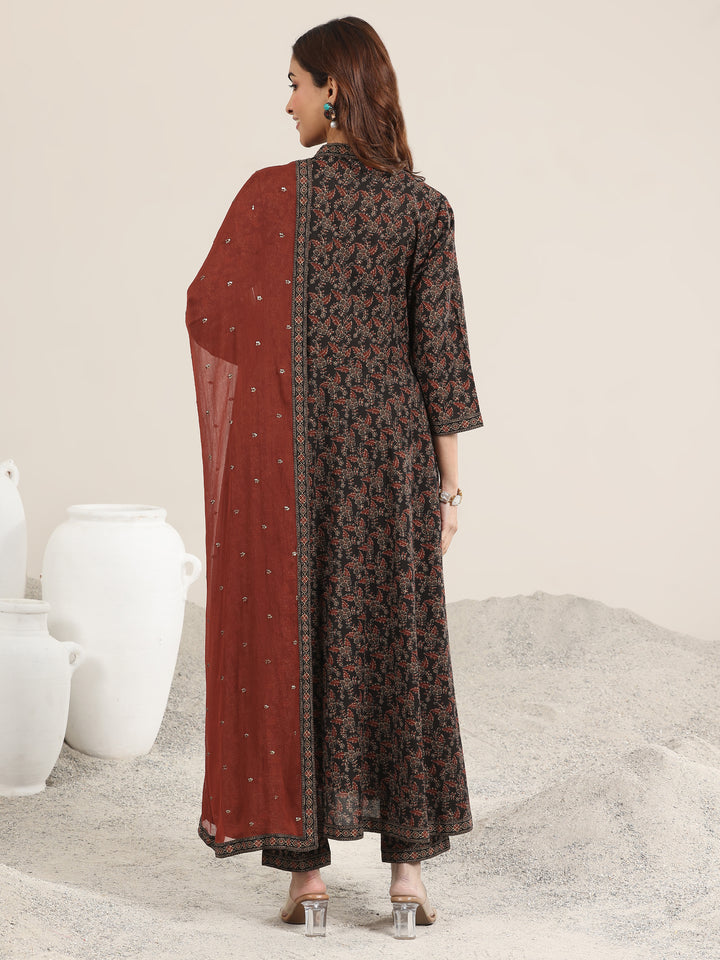 Black Printed Cotton Anarkali Suit With Dupatta