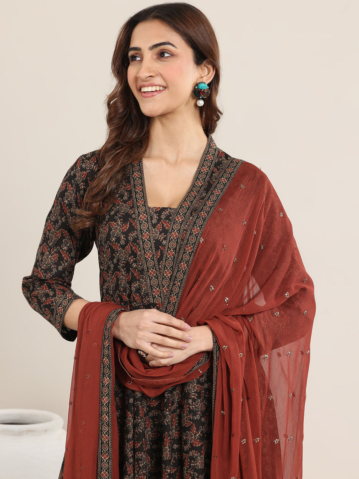 Black Printed Cotton Anarkali Suit With Dupatta
