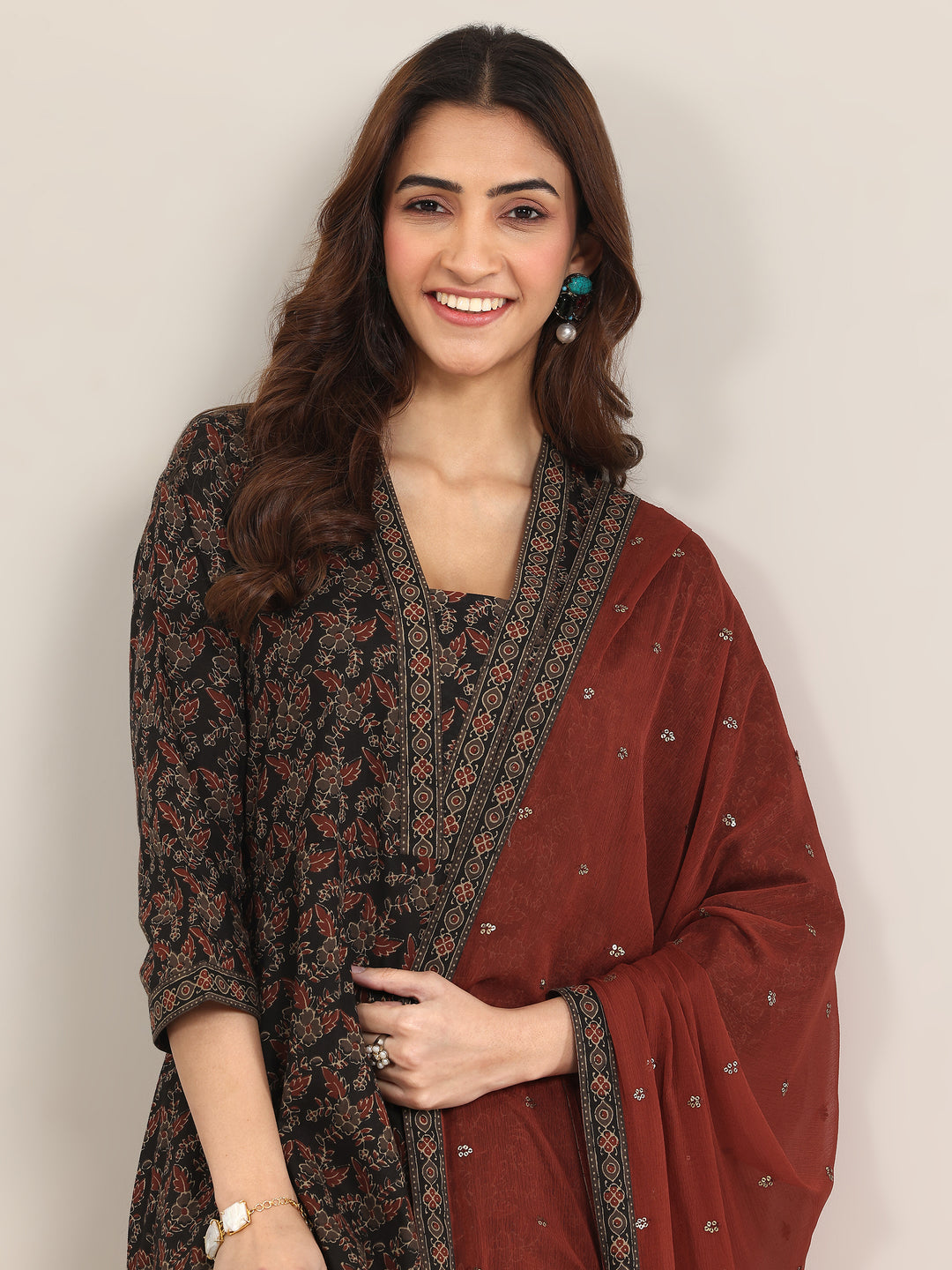 Black Printed Cotton Anarkali Suit With Dupatta