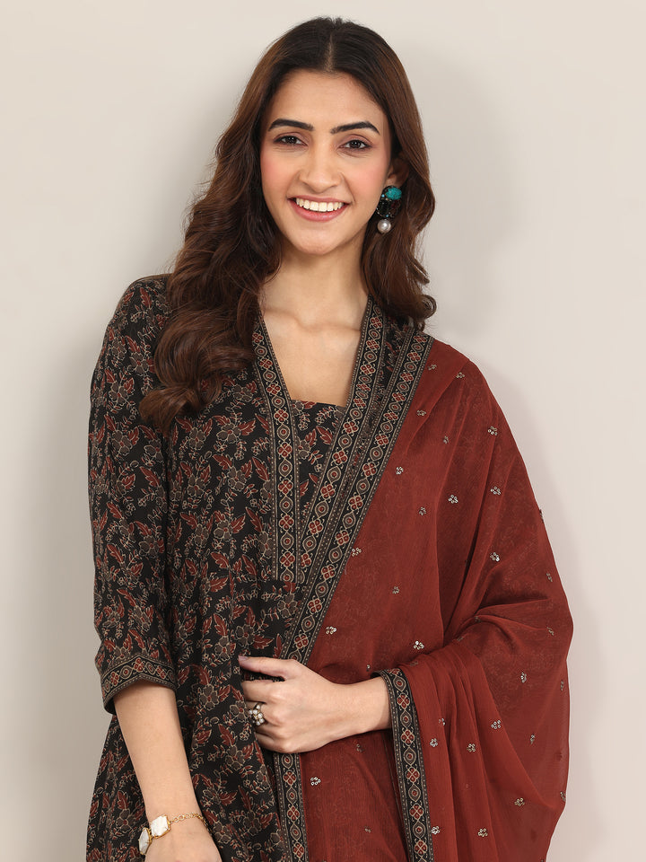 Black Printed Cotton Anarkali Suit With Dupatta