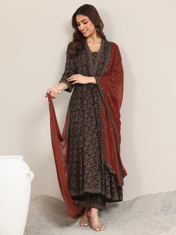 Black Printed Cotton Anarkali Suit With Dupatta