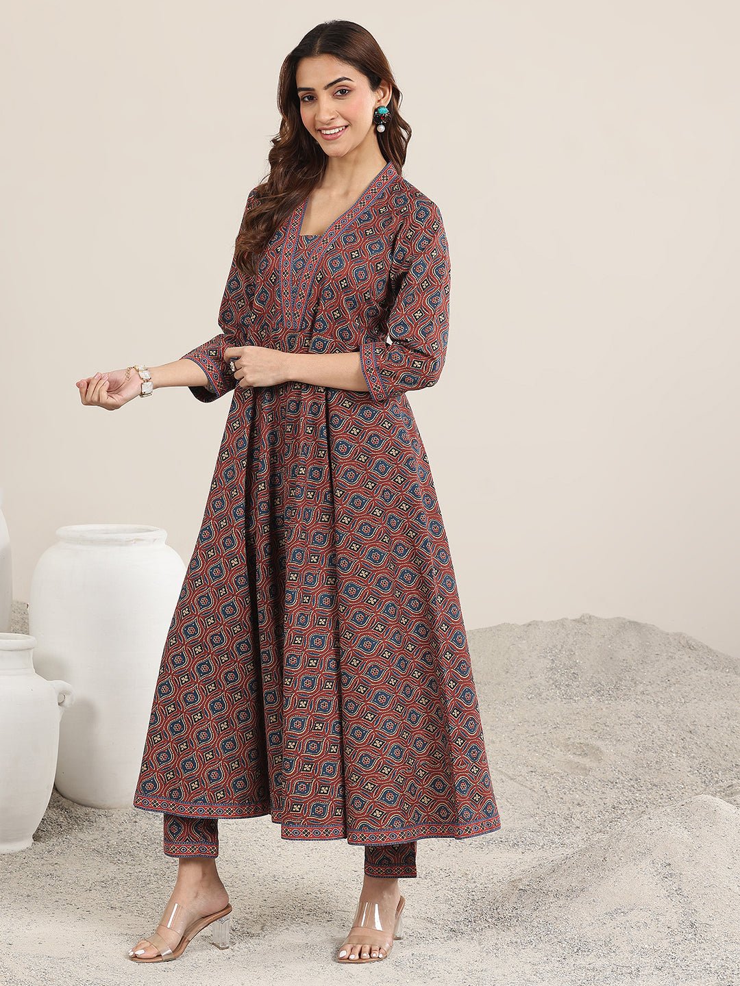 Maroon Printed Cotton Anarkali Suit With Dupatta