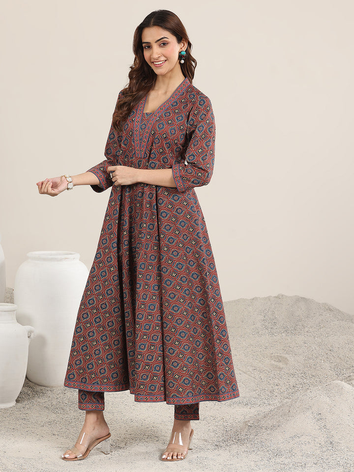 Maroon Printed Cotton Anarkali Suit With Dupatta