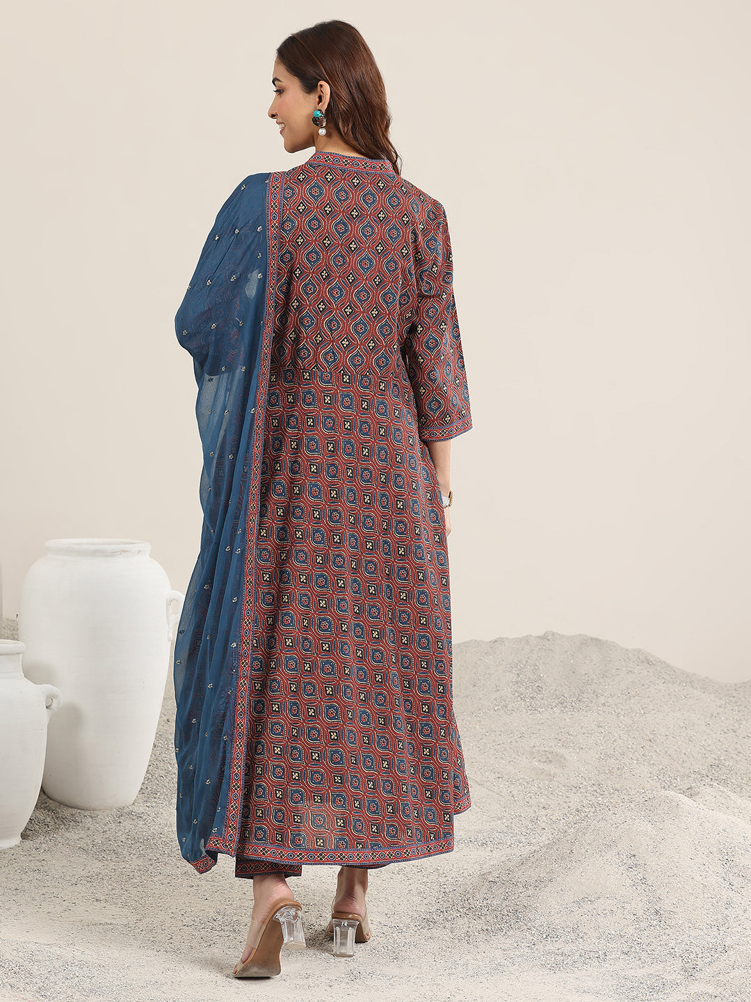 Maroon Printed Cotton Anarkali Suit With Dupatta