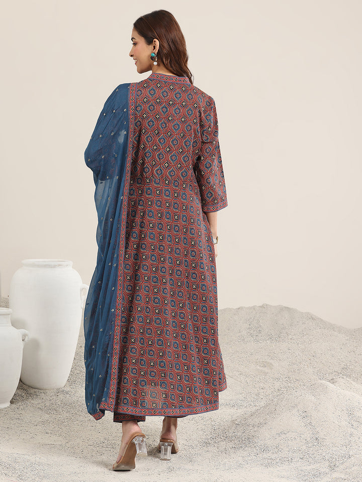 Maroon Printed Cotton Anarkali Suit With Dupatta