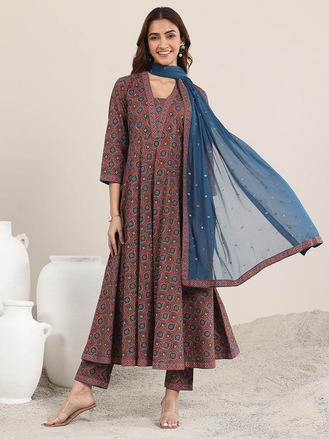 Maroon Printed Cotton Anarkali Suit With Dupatta