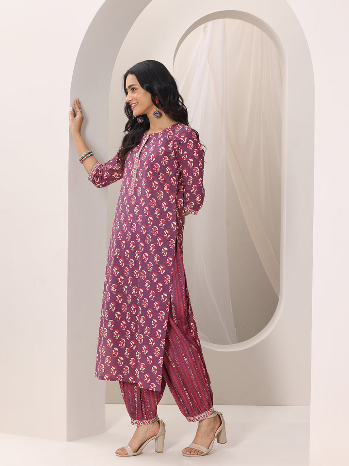 Mauve Printed Cotton Straight Suit Set With Dupatta