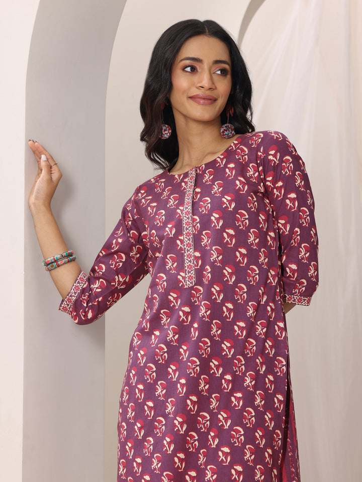 Mauve Printed Cotton Straight Suit Set With Dupatta