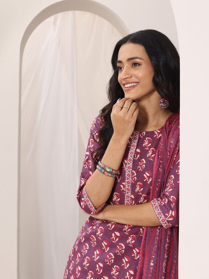 Mauve Printed Cotton Straight Suit Set With Dupatta