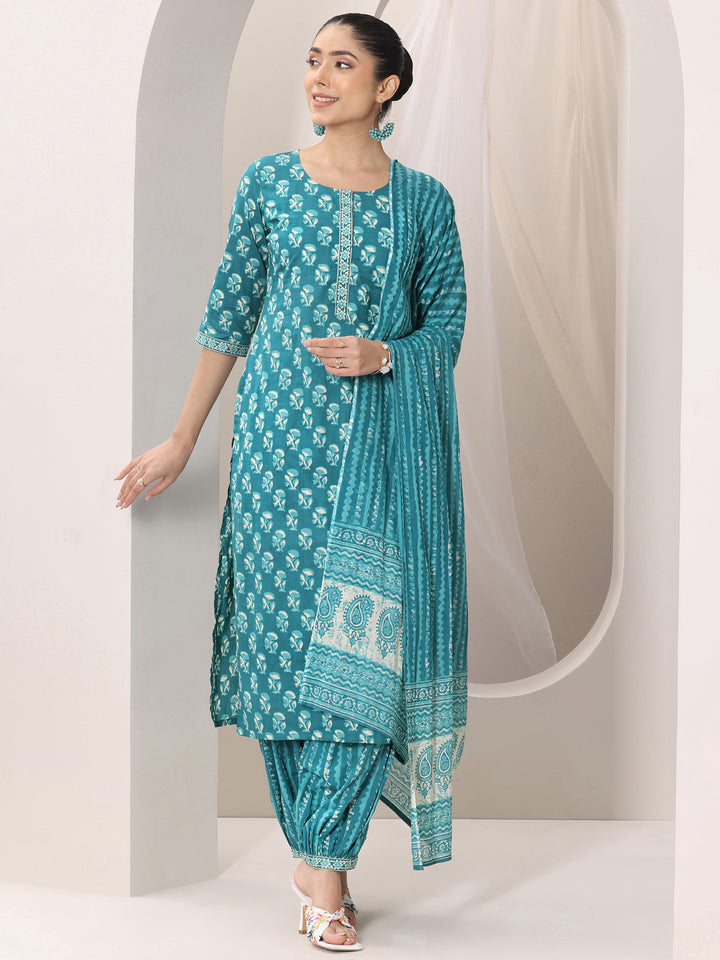 Teal Printed Cotton Straight Suit Set With Dupatta