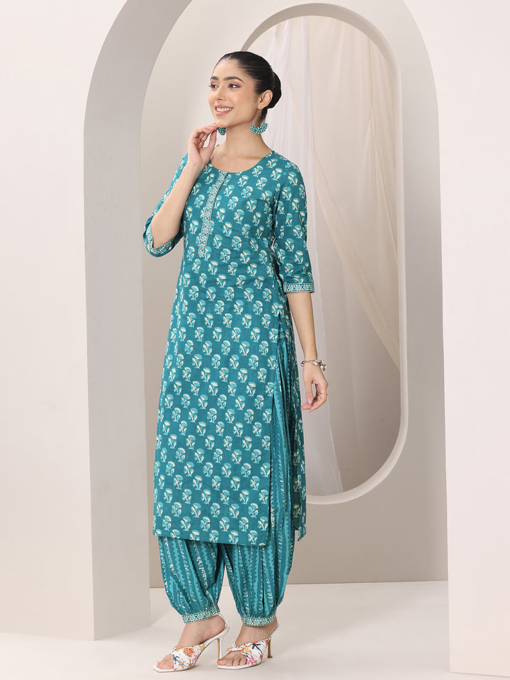Teal Printed Cotton Straight Suit Set With Dupatta