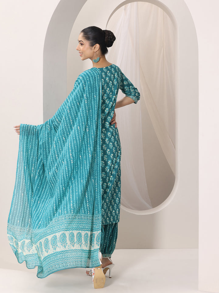 Teal Printed Cotton Straight Suit Set With Dupatta